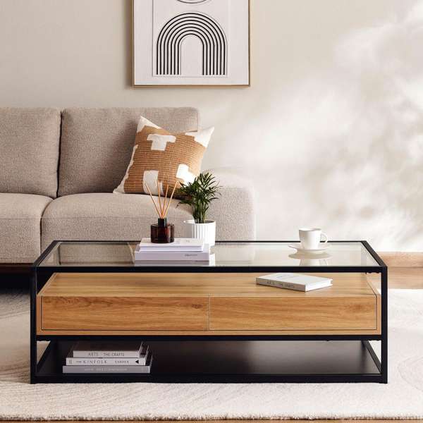 SANDERS COFFEE TABLE WITH 2 DRAWER MELAMINE BLACK NATURAL